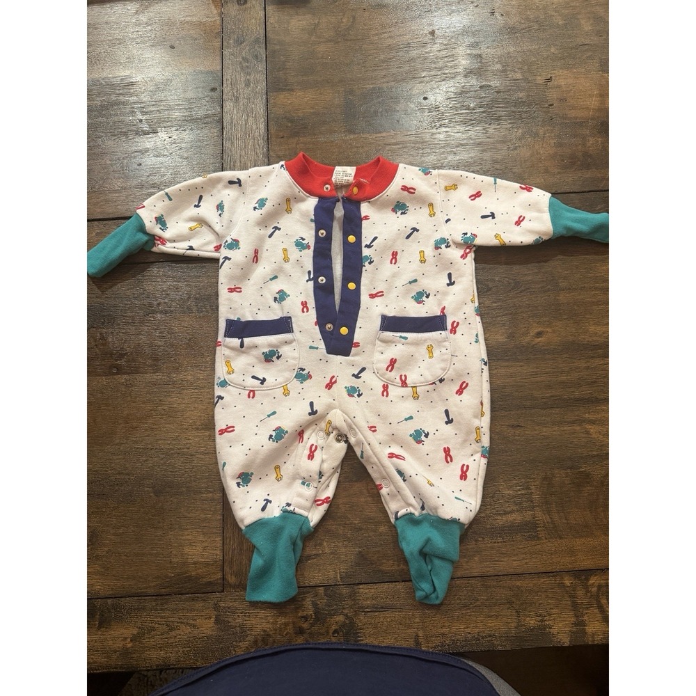 Vintage 1993 Vitamins Baby Romper 6/9 Months Tool Print Colorblock